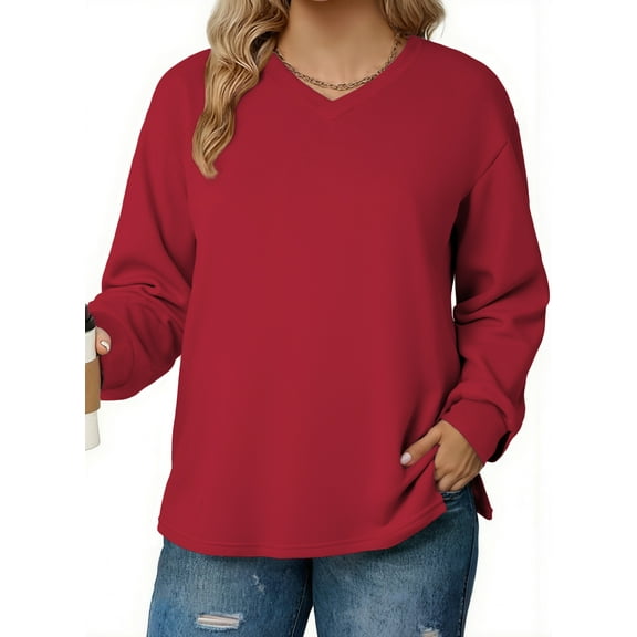 DOKOTOO Plus Size Sweatshirts for Women Long Sleeve V Neck Oversized Drop Shoulder Solid Pullover Tops(1X-5X)