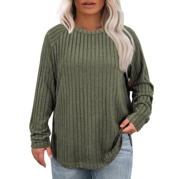 DOKOTOO Plus Size Tops for Women Long Sleeve Ribbed Knit Shirt Crewneck Casual Loose Fit Pullover Blouse Top 1X-5X