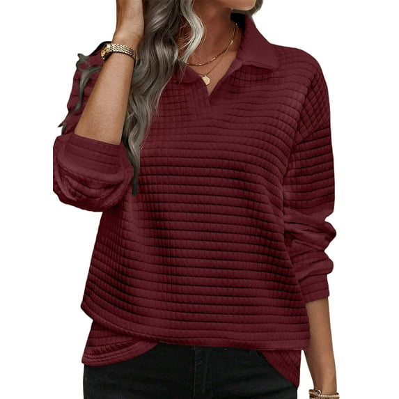 DOKOTOO Pullover Sweatshirts for Women Casual Textured Tops Lapel Collar Lightweight Shirts Red L US12-14