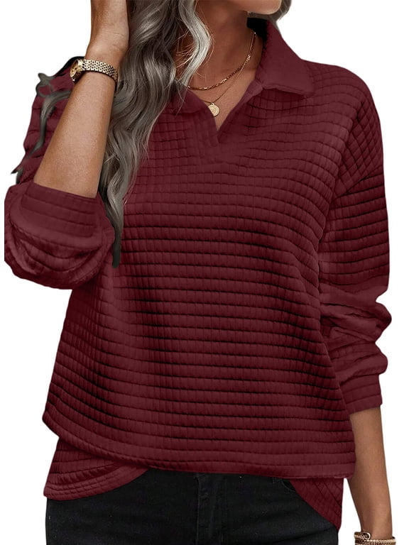 Pullover Sweatshirts for Women Casual Textured Tops Lapel Collar Lightweight Shirts Red L US12-14