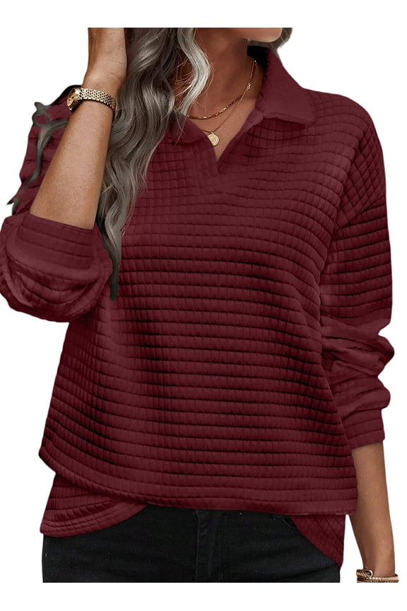 Sweatshirts for Woman V Neck Long Sleeve Textured Pullover Sweatshirts Lightweight Oversized Top Shirts Red M US8-10