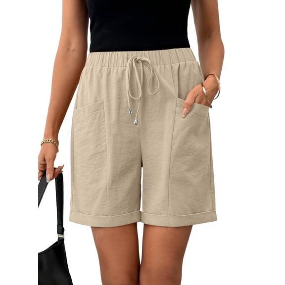 DOKOTOO Shorts for Woman Drawstring Rolled Up Shorts Summer Elastic Waist Casual Lightweight Shorts Apricot L US12-14