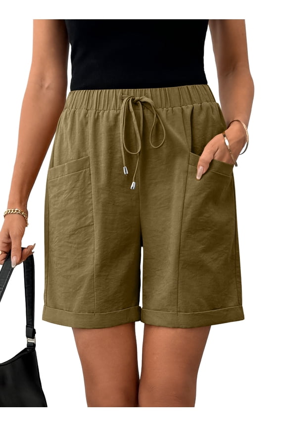 Shorts for Woman Drawstring Rolled Up Shorts Summer Elastic Waist Casual Lightweight Shorts Green L US12-14