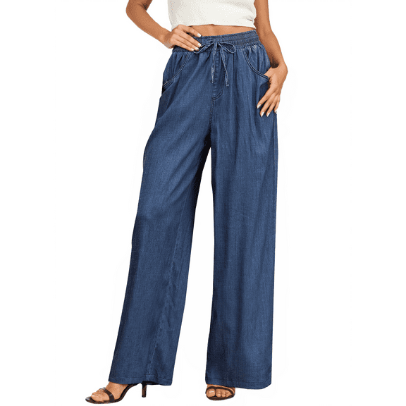 DOKOTOO Summer Jeans for Women Wide Leg Jeans Drawstring High Waisted Loose Denim Pants Loose Denim Trousers Lightweight Jeans
