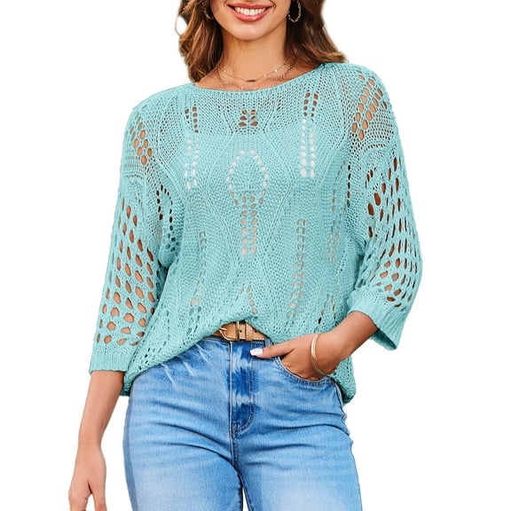 DOKOTOO Summer Tops for Women 3/4 Sleeve Crochet Hollow Out Knit Shirts Crew Neck Swimsuit Cover Up Soft Lightweight