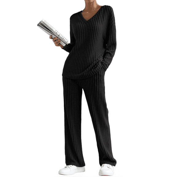 DOKOTOO Outfit Sets for Women 2 Piece Sets Winter Ribbed Lounge Sets with Pockets Knit Sweater Tops with Pants Matching Sets Black S(US4-6)