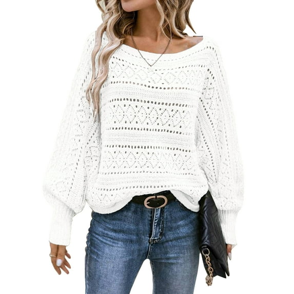 DOKOTOO Sweaters for Woman Round Neck Long Sleeve Crochet Sweater Tops Loose Fit Slouchy Knit Pullover Sweaters White S US4-6