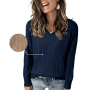 DOKOTOO Sweaters for Women Cable Knit Pullover Sweaters Long Sleeve V Neck Sweaters Jumper Tops