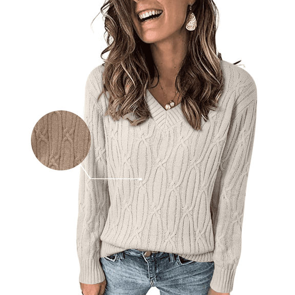DOKOTOO Sweaters for Women Cable Knit Pullover Sweaters Long Sleeve V Neck Sweaters Jumper Tops