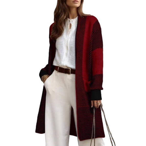 Eytino Sweaters for Women Long Knitted Open Front Oversized Color Block Outerwear Sweater Coat with Pockets S-2XL