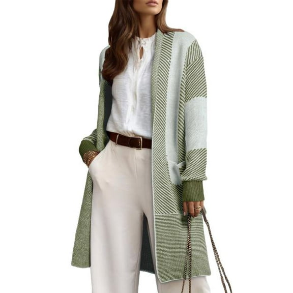 DOKOTOO Womens Sweater Open Front Long Sleeve Knit Cardigan Sweaters Color Block Outwear Coats with Pockets S-2XL