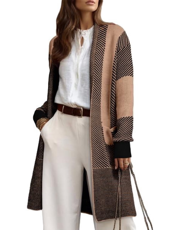 Sweaters for Women Cardigans Open Front Long Sleeve Cardigan Casual Knit Sweaters Color Block Cardigans Coat with Pockets Outwear 