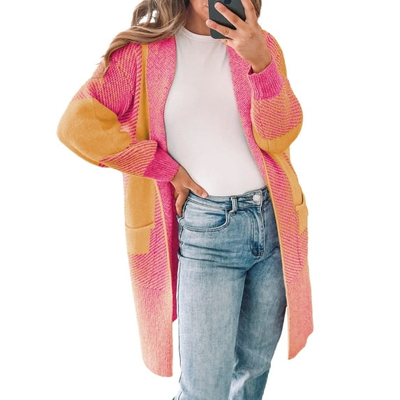 DOKOTOO Womens Cardigan Open Front Oversized Color Block Long Sleeve Knit Cardigan Sweaters for Women with Pockets S-2XL