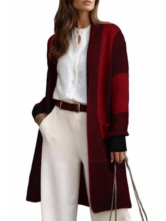 Eytino Women Cardigan Open Front Long Sleeve Knit Cardigan Sweaters Color Block Outwear Coats with Pockets S-2XL