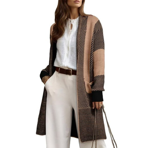 DOKOTOO Womens Sweaters Open Front Cardigan Sweaters Long Sleeve Color Block Knit Sweaters with Pockets S-2XL