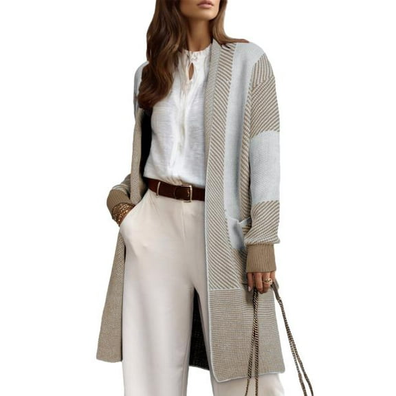 DOKOTOO Ladies Sweaters Color Block Cardigans for Women Long Open Front Oversized Knit Outwear with Pockets S-2XL