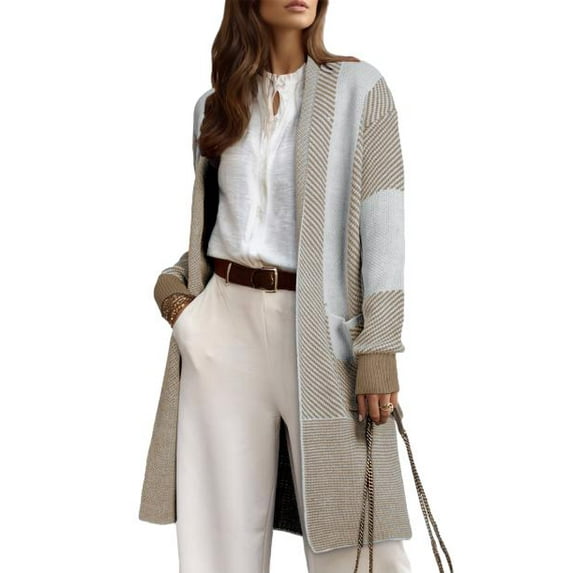 DOKOTOO Ladies Sweaters Color Block Cardigans for Women Long Open Front Oversized Knit Outwear with Pockets S-2XL