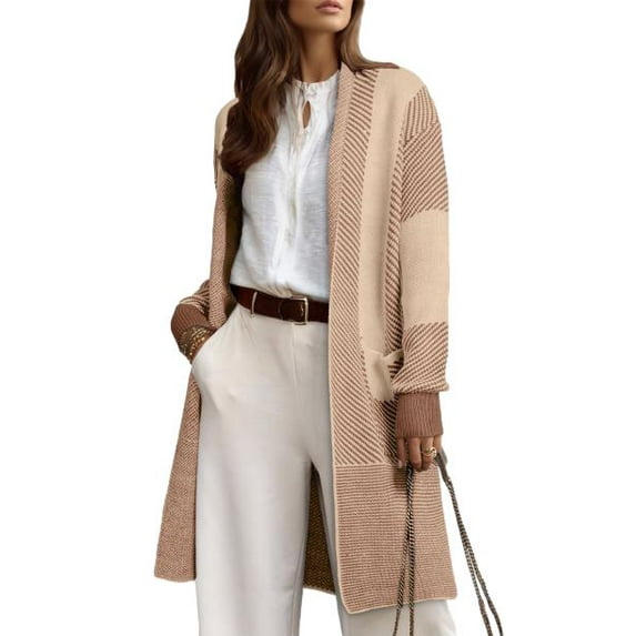 DOKOTOO Womens Sweater Open Front Long Sleeve Knit Cardigan Sweaters Color Block Outwear Coats with Pockets S-2XL