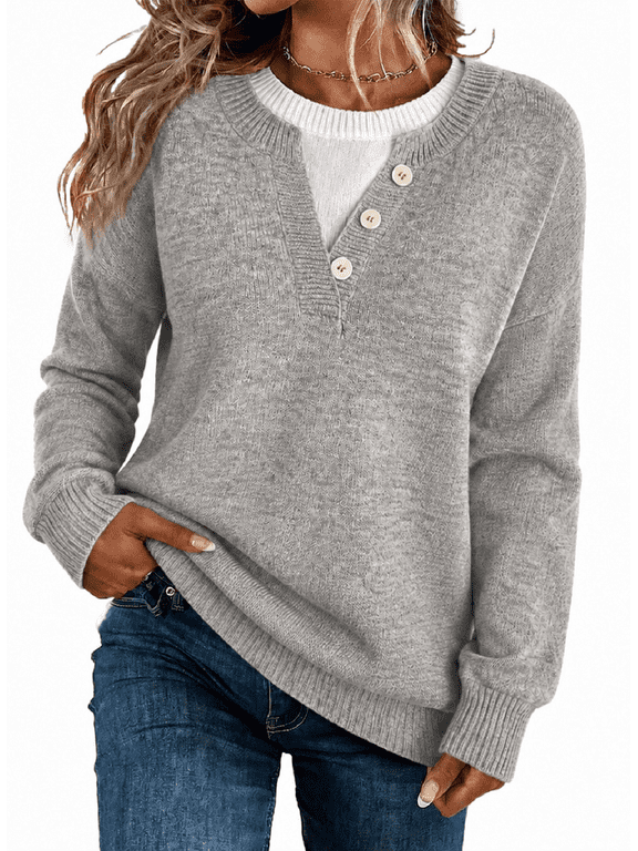 Womens Crewneck Sweaters Lightweight Long Sleeve Knit Pullover Shirt Soft Layered Look Decorative Button Casual Fall Winter TopS-2XL