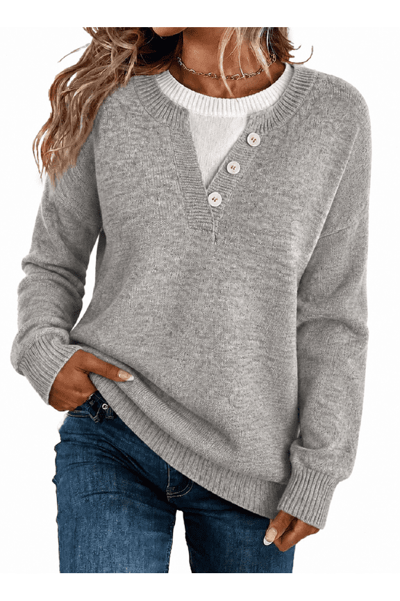 Womens Crewneck Sweaters Lightweight Long Sleeve Knit Pullover Shirt Soft Layered Look Decorative Button Casual Fall Winter TopS-2XL