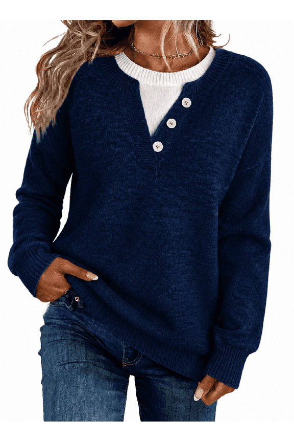 Womens Sweater Tops Crew Neck Long Sleeve Knit Pullover Shirt 2 in 1 Layered Look Button Detail Lightweight Casual Top S-2XL