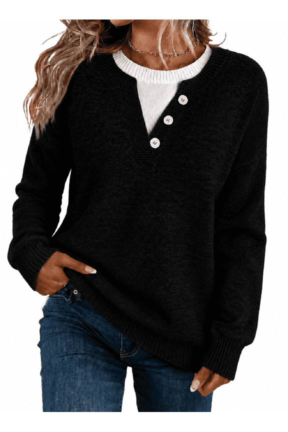 Women's Casual Layered Knit Sweater Top Crewneck Long Sleeve Lightweight Pullover Shirt Button Detail Soft Sweaters Women S-2XL