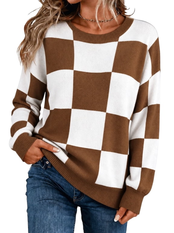 Womens Sweaters Plaid Crew Neck Long Sleeve Knit Pullover Casual Loose Fit Soft Sweater for Fall Winter S-2XL