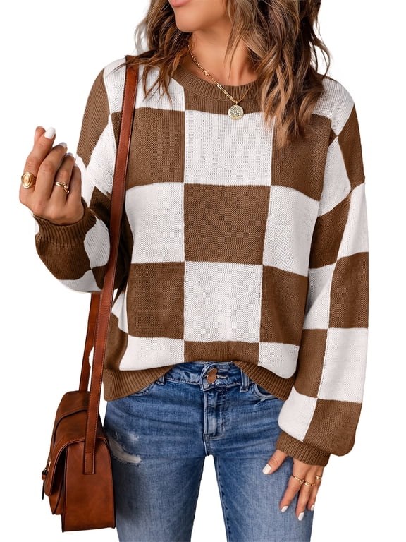 Womens Sweaters Plaid Crew Neck Long Sleeve Knit Pullover Casual Loose Fit Soft Sweater for Fall Winter S-2XL