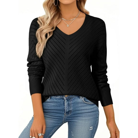 DOKOTOO Sweaters for Women Knit Hollow Out Crochet Sweater Lightweight V Neck Long Sleeve Fall Pullover Tops