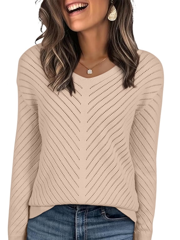 Sweaters for Women Knit Hollow Out Crochet Sweater Lightweight V Neck Long Sleeve Fall Pullover Tops