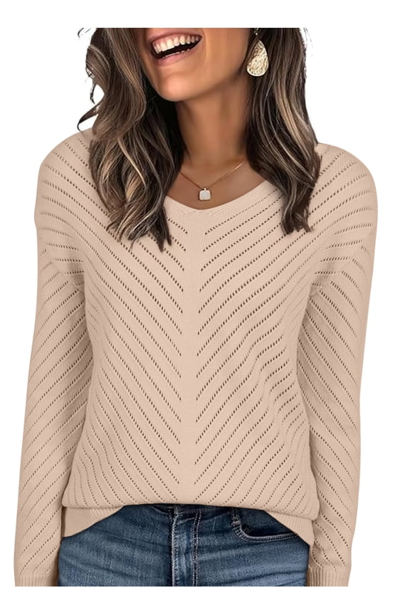 Sweaters for Women Knit Hollow Out Crochet Sweater Lightweight V Neck Long Sleeve Fall Pullover Tops