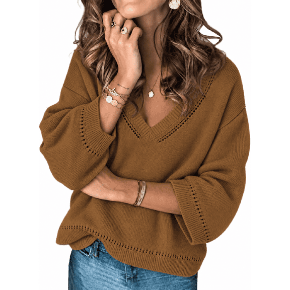 DOKOTOO Sweaters for Women V Neck Long Sleeve Crochet Knit Pullover Lightweight Sweater Drop Shoulder Casual Fall Winter Tops S-2XL