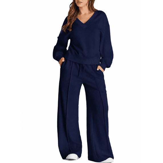 DOKOTOO Sweatsuits for Women 2 Piece Outfits Oversized Casual V Neck Sweatshirt with Wide Leg Sweatpants Tracksuit Jogger Set