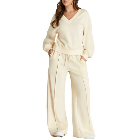 DOKOTOO Sweatsuits for Women 2 Piece Outfits Oversized Casual V Neck Sweatshirt with Wide Leg Sweatpants Tracksuit Jogger Set