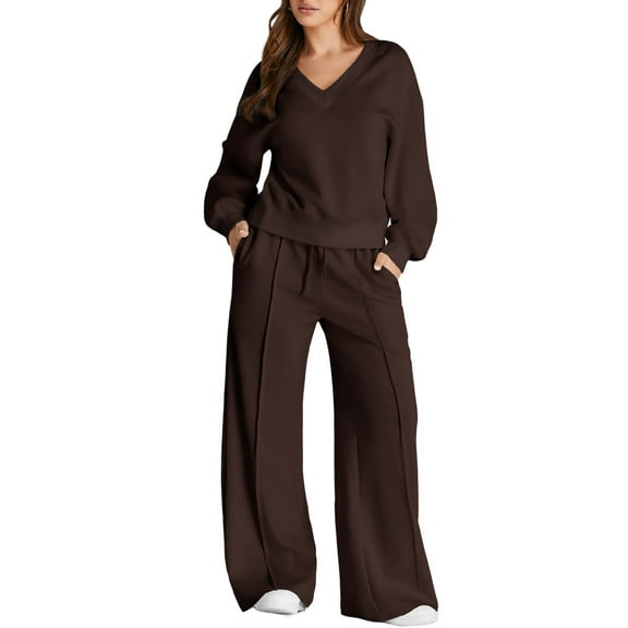 DOKOTOO Sweatsuits for Women 2 Piece Outfits Oversized Casual V Neck Sweatshirt with Wide Leg Sweatpants Tracksuit Jogger Set