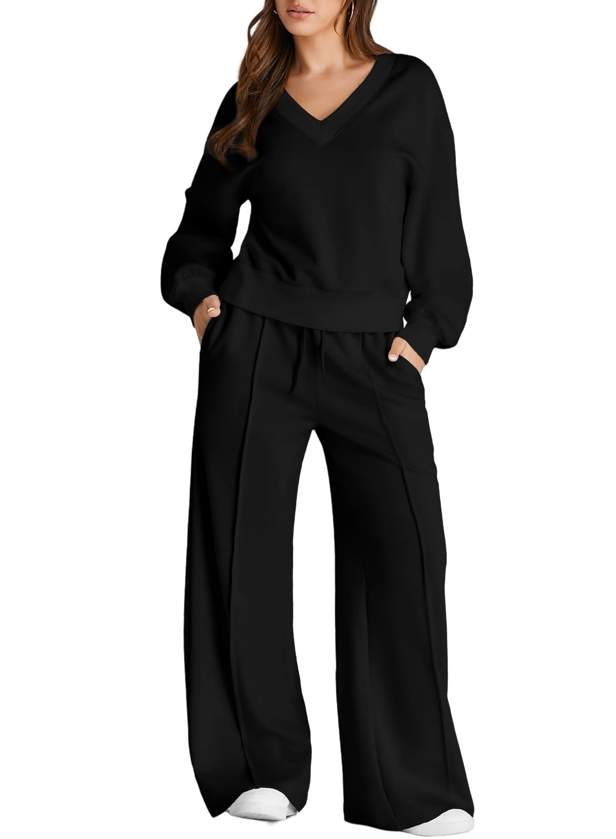 Sweatsuits for Women 2 Piece Outfits Oversized Casual V Neck Sweatshirt with Wide Leg Sweatpants Tracksuit Jogger Set