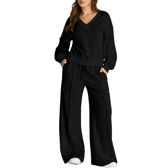 DOKOTOO Sweatsuits for Women 2 Piece Outfits Oversized Casual V Neck Sweatshirt with Wide Leg Sweatpants Tracksuit Jogger Set