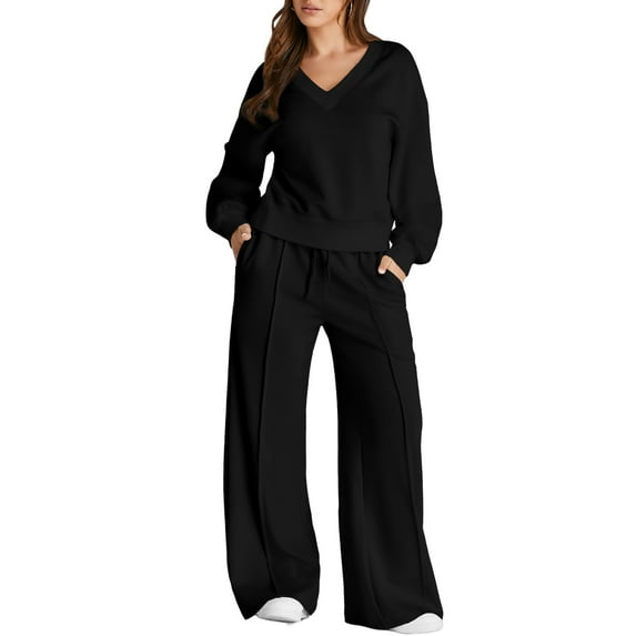 DOKOTOO Sweatsuits for Women 2 Piece Outfits Oversized Casual V Neck Sweatshirt with Wide Leg Sweatpants Tracksuit Jogger Set