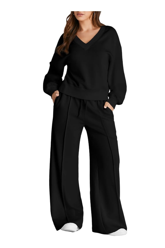 Sweatsuits for Women 2 Piece Outfits Oversized Casual V Neck Sweatshirt with Wide Leg Sweatpants Tracksuit Jogger Set