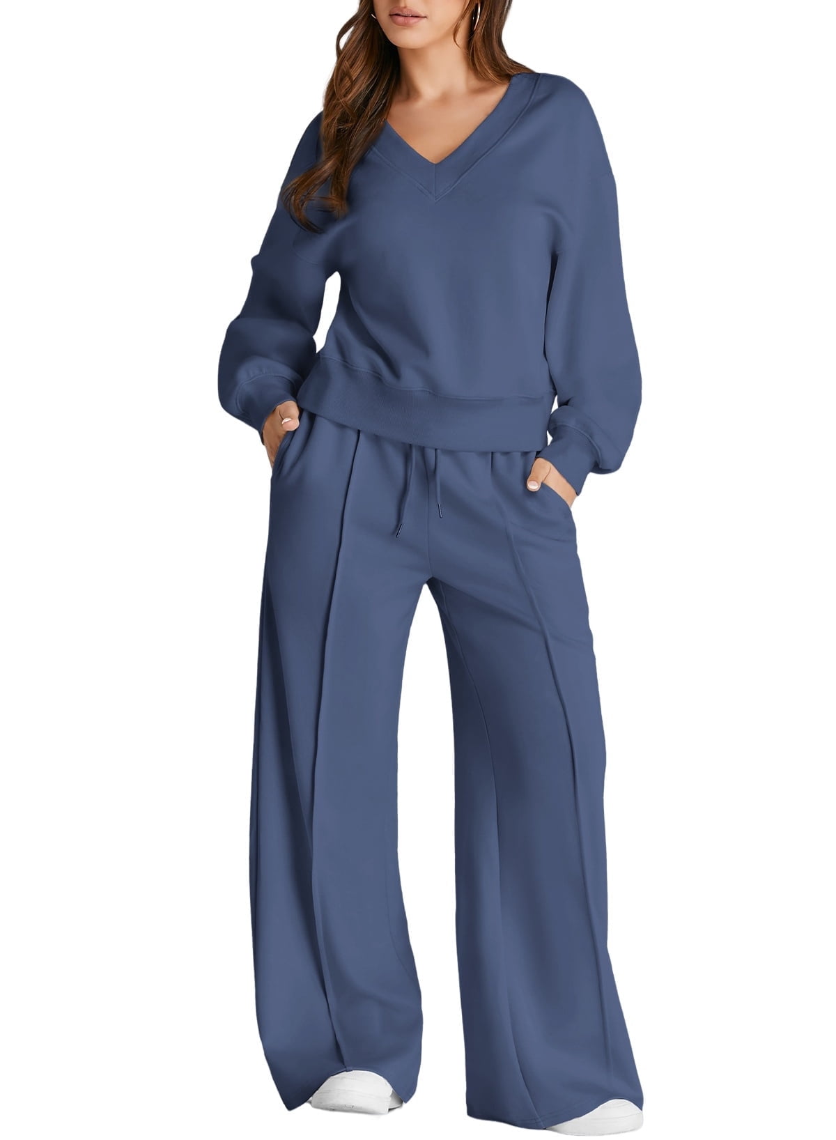 Sweatsuits for Women 2 Piece Outfits Oversized Casual V Neck Sweatshirt with Wide Leg Sweatpants Tracksuit Jogger Set