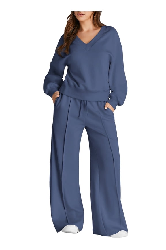 Sweatsuits for Women 2 Piece Outfits Oversized Casual V Neck Sweatshirt with Wide Leg Sweatpants Tracksuit Jogger Set