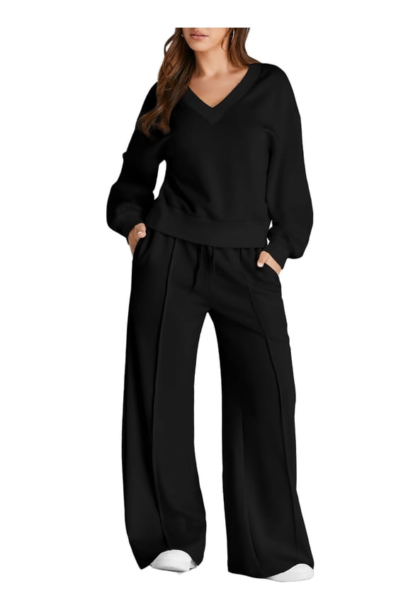Sweatsuits for Women 2 Piece Outfits Oversized Casual V Neck Sweatshirt with Wide Leg Sweatpants Tracksuit Jogger Set