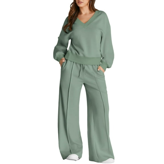 DOKOTOO Sweatsuits for Women 2 Piece Outfits Oversized Casual V Neck Sweatshirt with Wide Leg Sweatpants Tracksuit Jogger Set