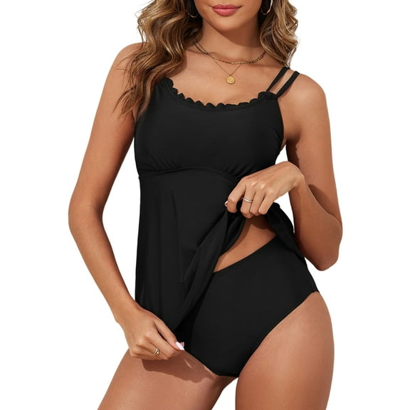 DOKOTOO Tankini Bathing Suit for Women 2PCS Tummy Control Tankini Top with Brief High Cut Swimwear Black XL US16-18