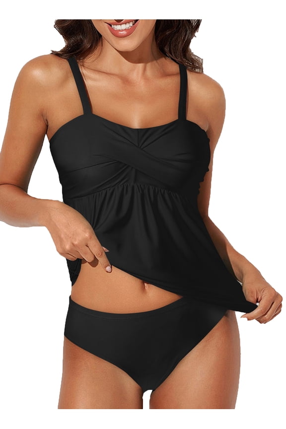 Tankini Bathing Suits for Women Solid Plus Tankini Set Swimwear with Swim Briefs Criss Cross Push Up Beachwear Black 3XL 22-24