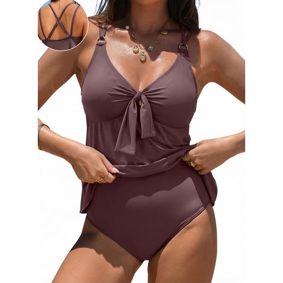DOKOTOO Tankini Swimsuits for Women Bathing Suits with Crisscross Back Tankini Top with High Cut Swim Brief Swimwear Brown M US8-10