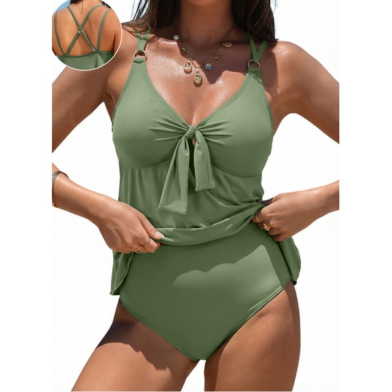 DOKOTOO Tankini Swimsuits for Women Bathing Suits with Crisscross Back Tankini Top with High Cut Swim Brief Swimwear Green M US8-10