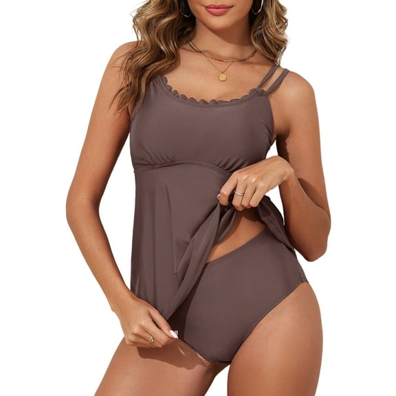 DOKOTOO Tankini Swimsuits for Women Tummy Control Empire Waist 2 Piece Swimsuits Push Up Tankini Sets Dark Brown L US12-14