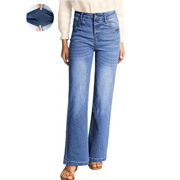 DOKOTOO Wide Leg Jeans for Women Zipper Button Fly Solid Color Comfy Stretch Denim Pants Fashion Relaxed Fit High Rise Denim Trousers with Pockets US Size 14