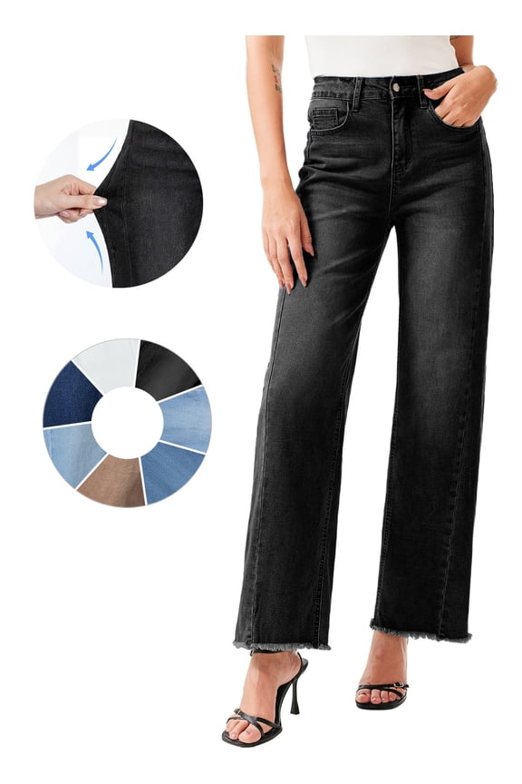 Wide Leg Jeans for Women High Waisted Strechy Raw Hem Fashion Frayed Hem Denim Pants